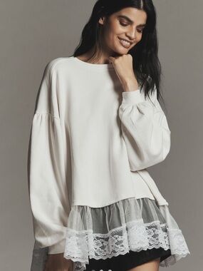 Anthropologie Tulle-Hem Pullover Sweatshirt
